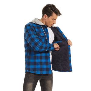 TACVASEN Blue Grey Men's Hooded Thick Plaid Flannel Long Sleeve Winter Cotton Coat with Pockets