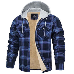 TACVASEN Navy Men's Multiple Pockets Flannel Plaid Shirts Fleece Lining Jacket with Hood