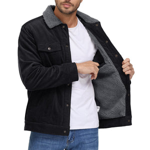 TACVASEN Black Men's Corduroy Jacket Sherpa Lined Warm Winter Coat Cargo Jacket