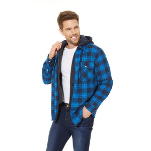 TACVASEN Blue Men's Quilted Plaid Flannel Detachable Hooded Jacket