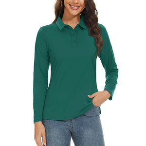 TACVASEN Emerald Green Women's Golf UPF 50+ Sun Protection 3 - Button Quick Dry Long Sleeve Polo Shirts