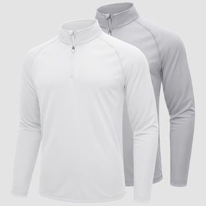 TACVASEN White+Light Grey [2 Pcs set] Athletic Shirts 1/4 Pullover Zip Sun Protection