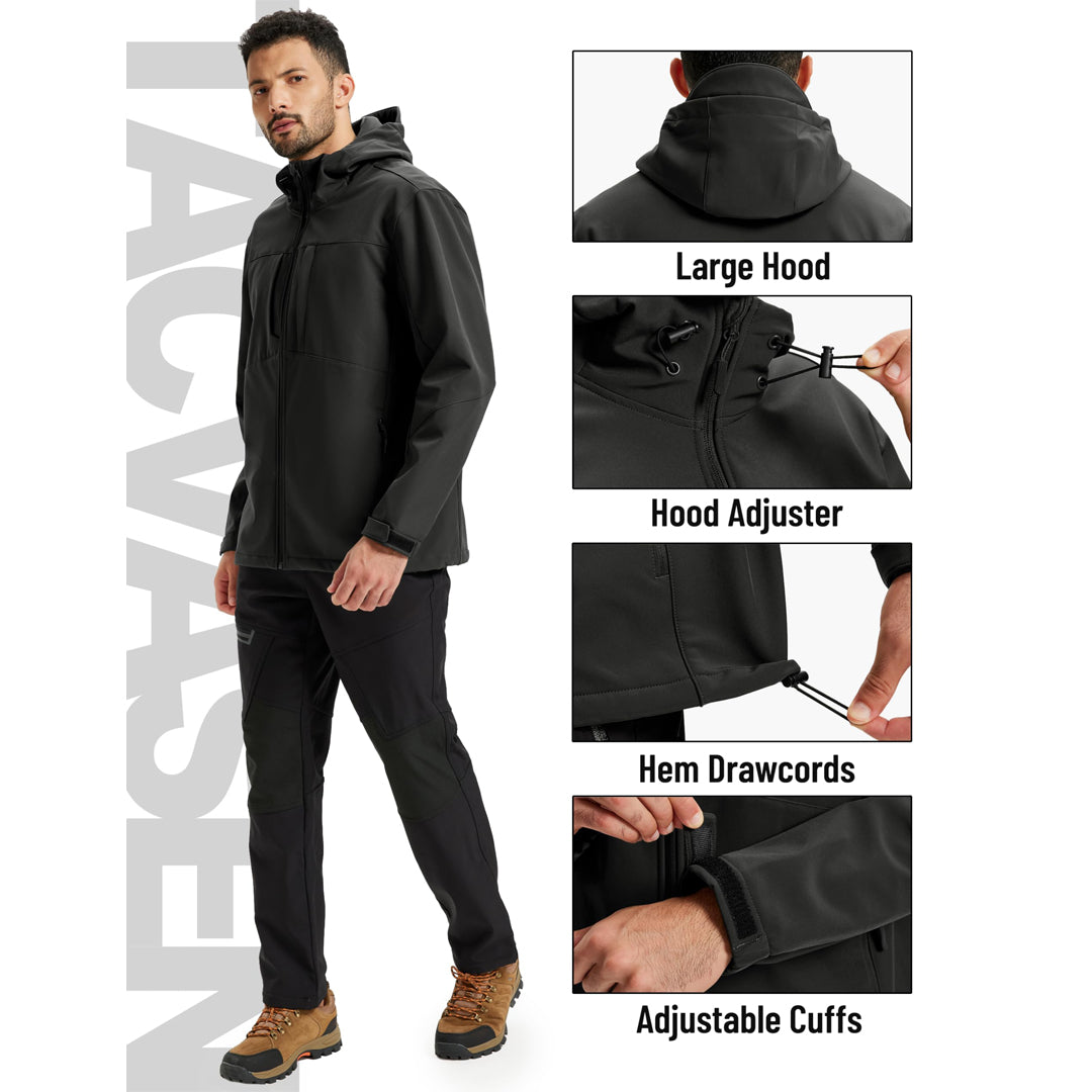 TACVASEN Black Tactical Softshell Jacket Hooded Waterproof Coat