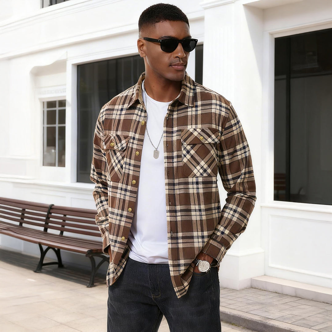 Men's Cotton Flannel Shirt Long Sleeve Casual Plaid - google_men_lightweight_jacket