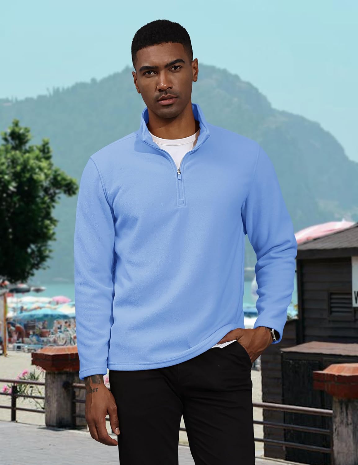 TACVASEN Light Blue Men's Pullover Workout Fleece 1/4 Zip Uncw Vintage Sweatshirts