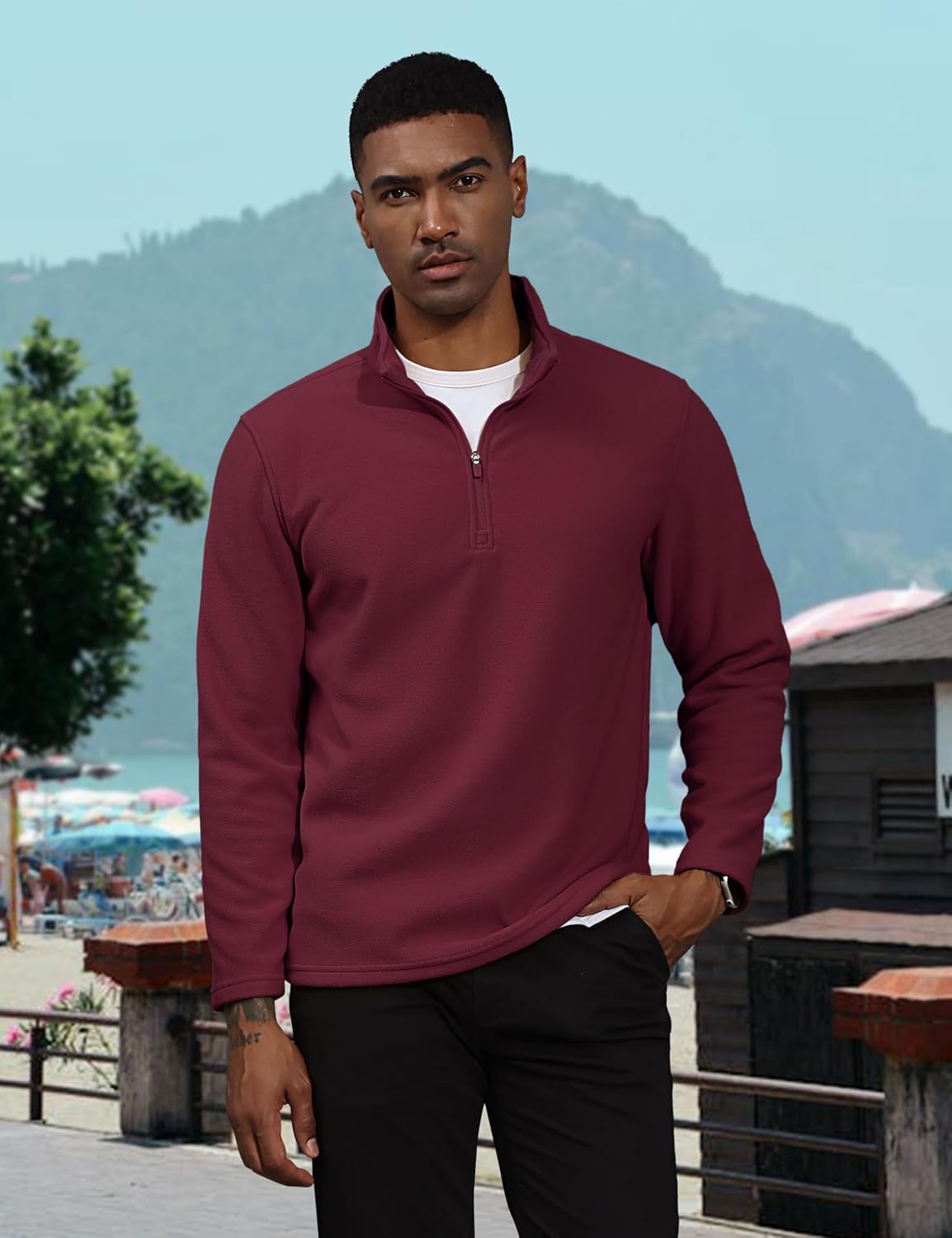 TACVASEN Wine Red Men's Pullover Workout Fleece 1/4 Zip Uncw Vintage Sweatshirts