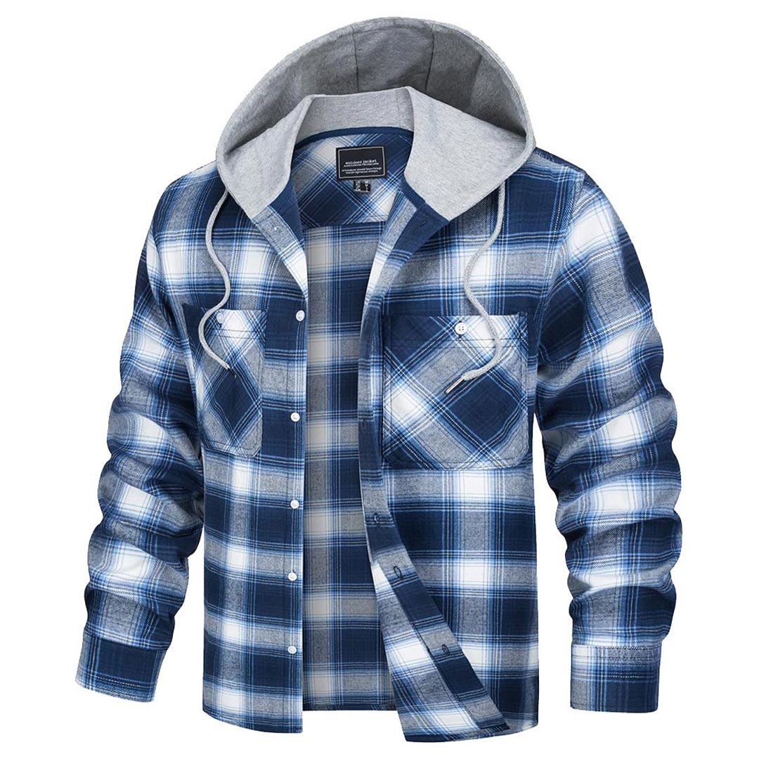 TACVASEN Blue White Men's Buffalo Plaid Hooded Casual Shirt Jacket