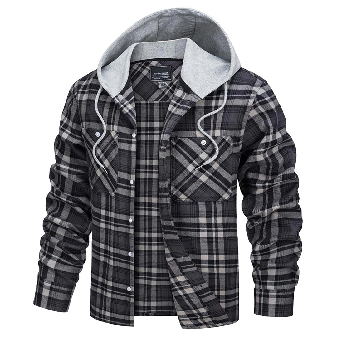 TACVASEN Black Grey Men's Buffalo Plaid Hooded Casual Shirt Jacket