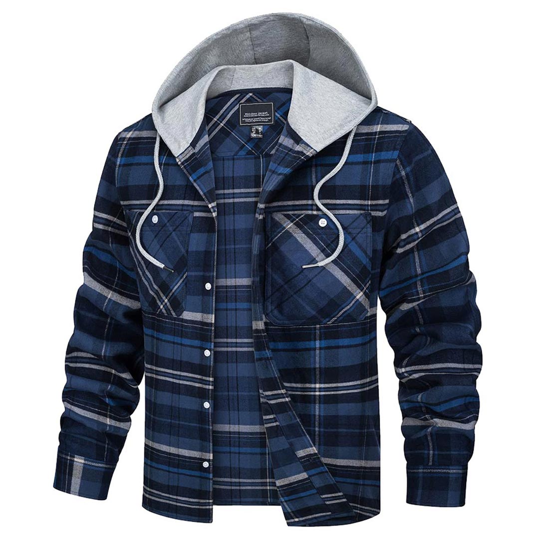 TACVASEN Blue Grey Men's Buffalo Plaid Hooded Casual Shirt Jacket