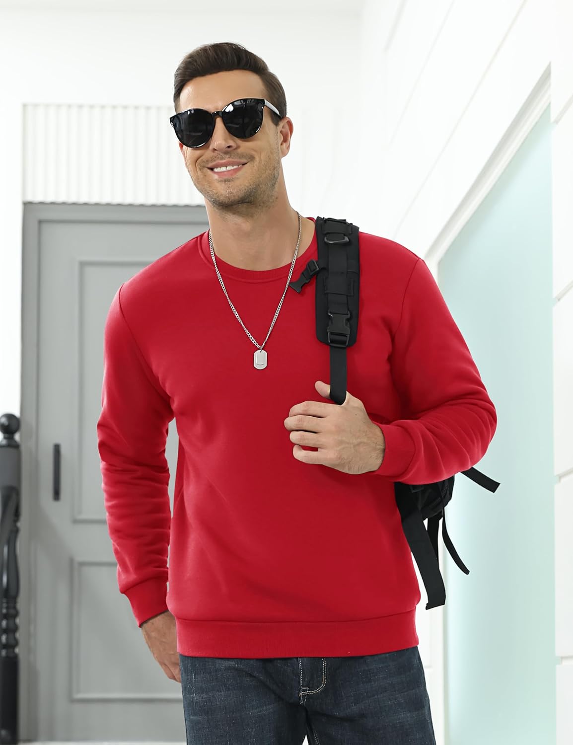 TACVASEN Tomato Red Men's Sherpa Lined Sweatshirt Warm Heavyweight Fleece Pullover