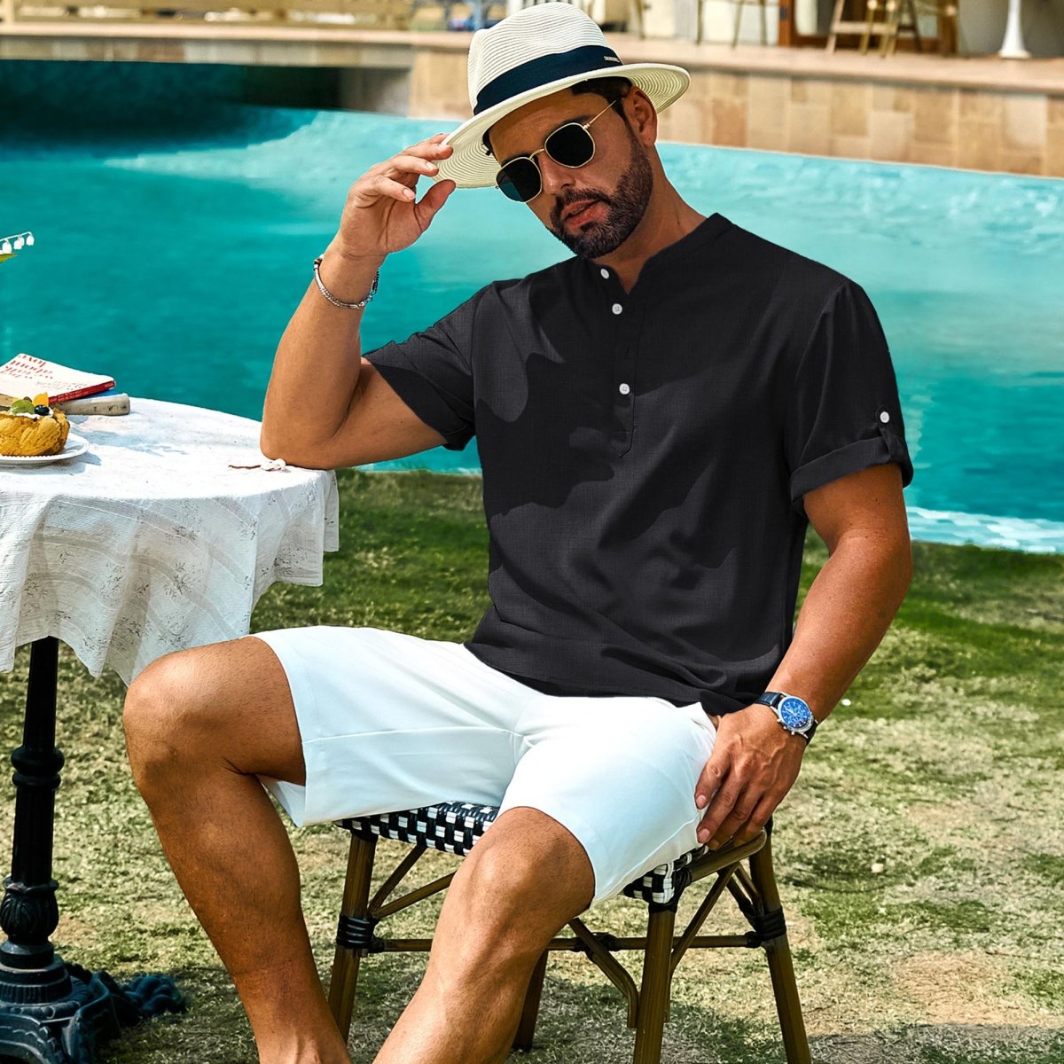 TACVASEN Black Henley Casual Lightweight Beach Shirts