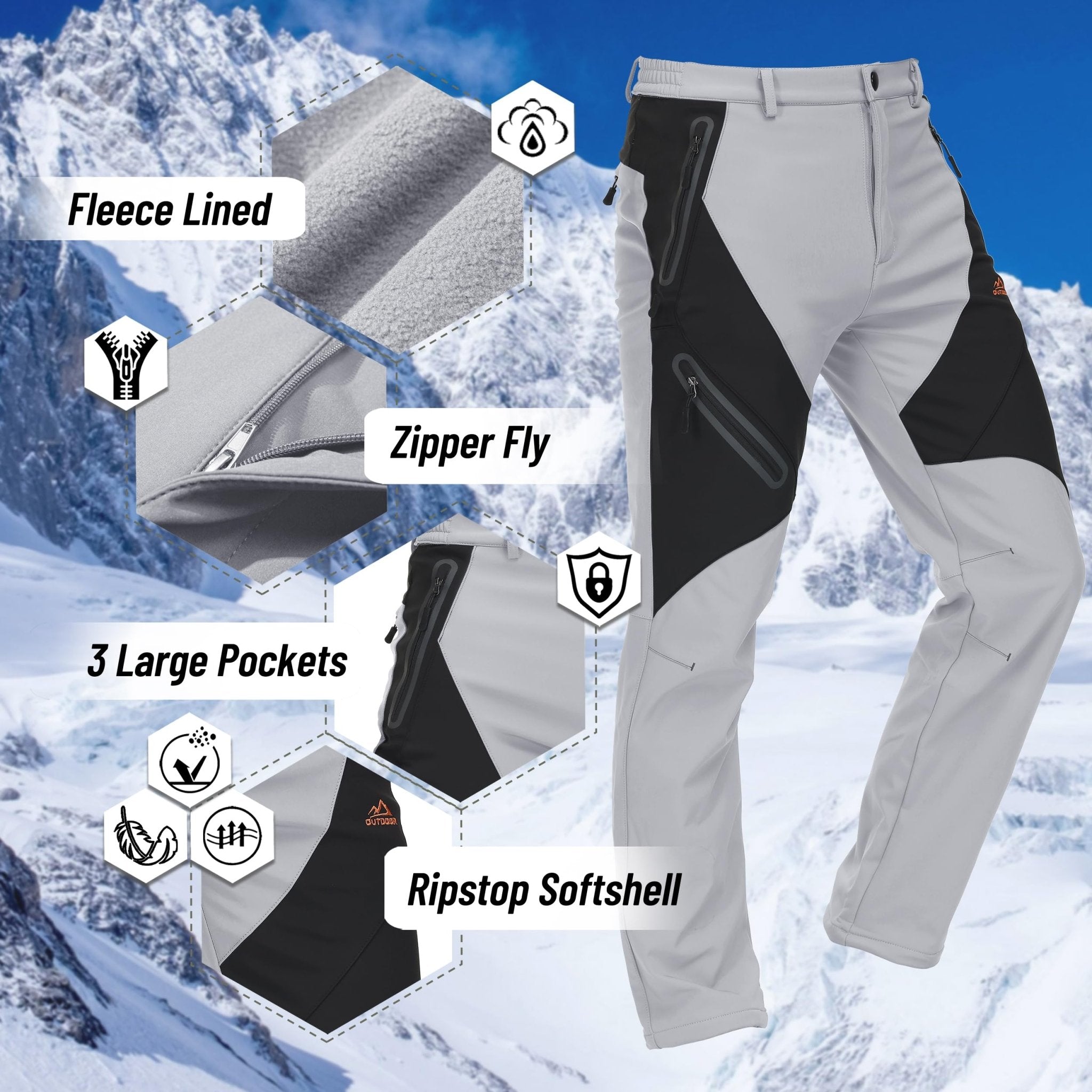 TACVASEN Light Grey Insulated Fleece Lined Winter Hiking Pants