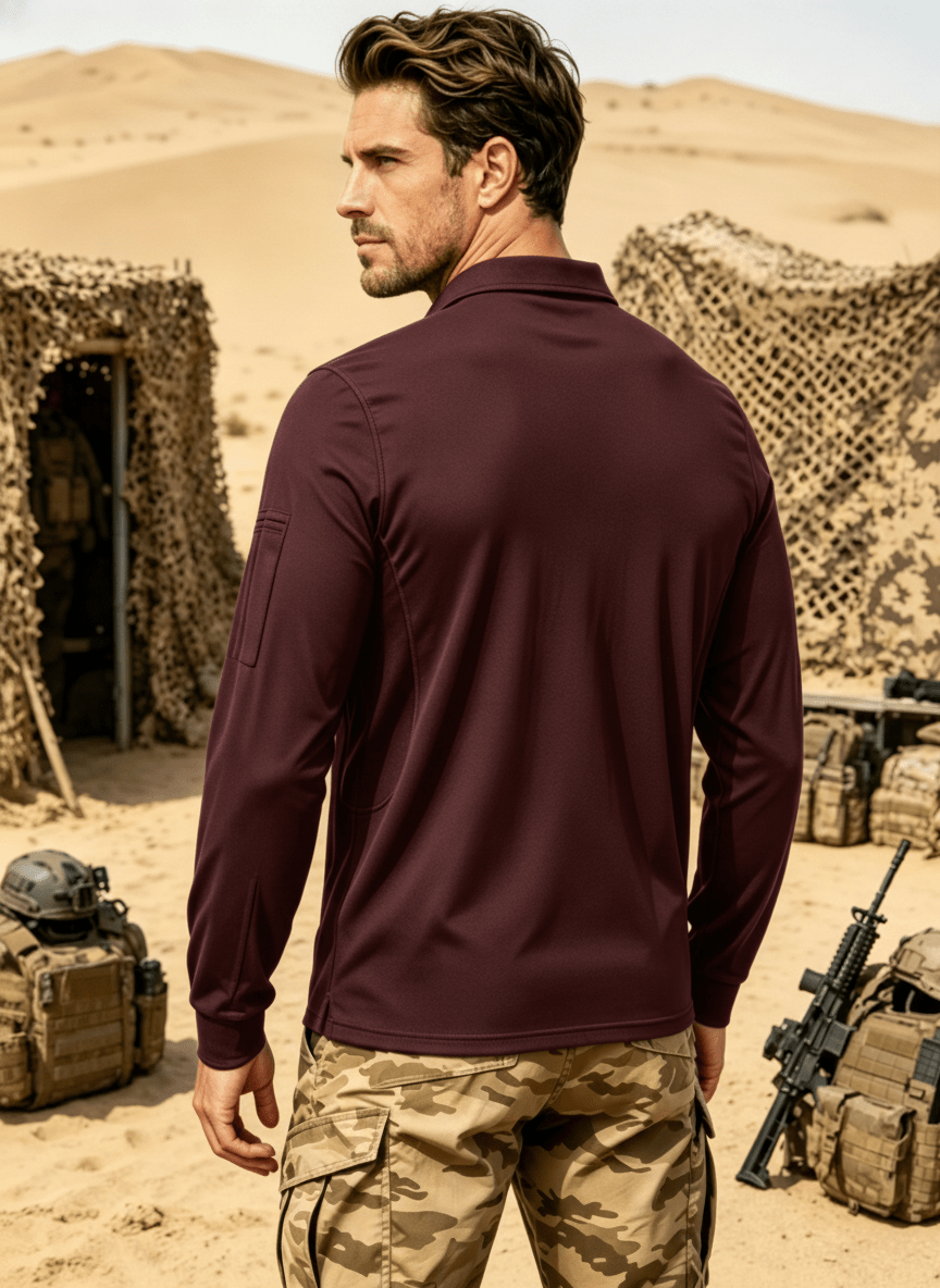 TACVASEN Wine Red Long Sleeve Quick Dry Tactical Performance Polo Shirt
