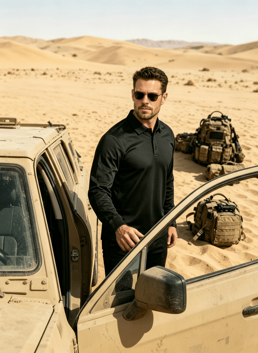 TACVASEN Dark Grey Long Sleeve Quick Dry Tactical Performance Polo Shirt