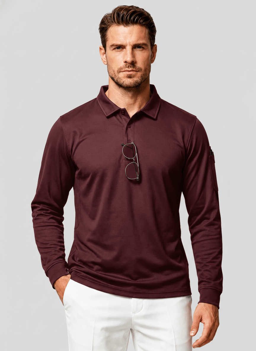 TACVASEN Wine Red Long Sleeve Quick Dry Tactical Performance Polo Shirt