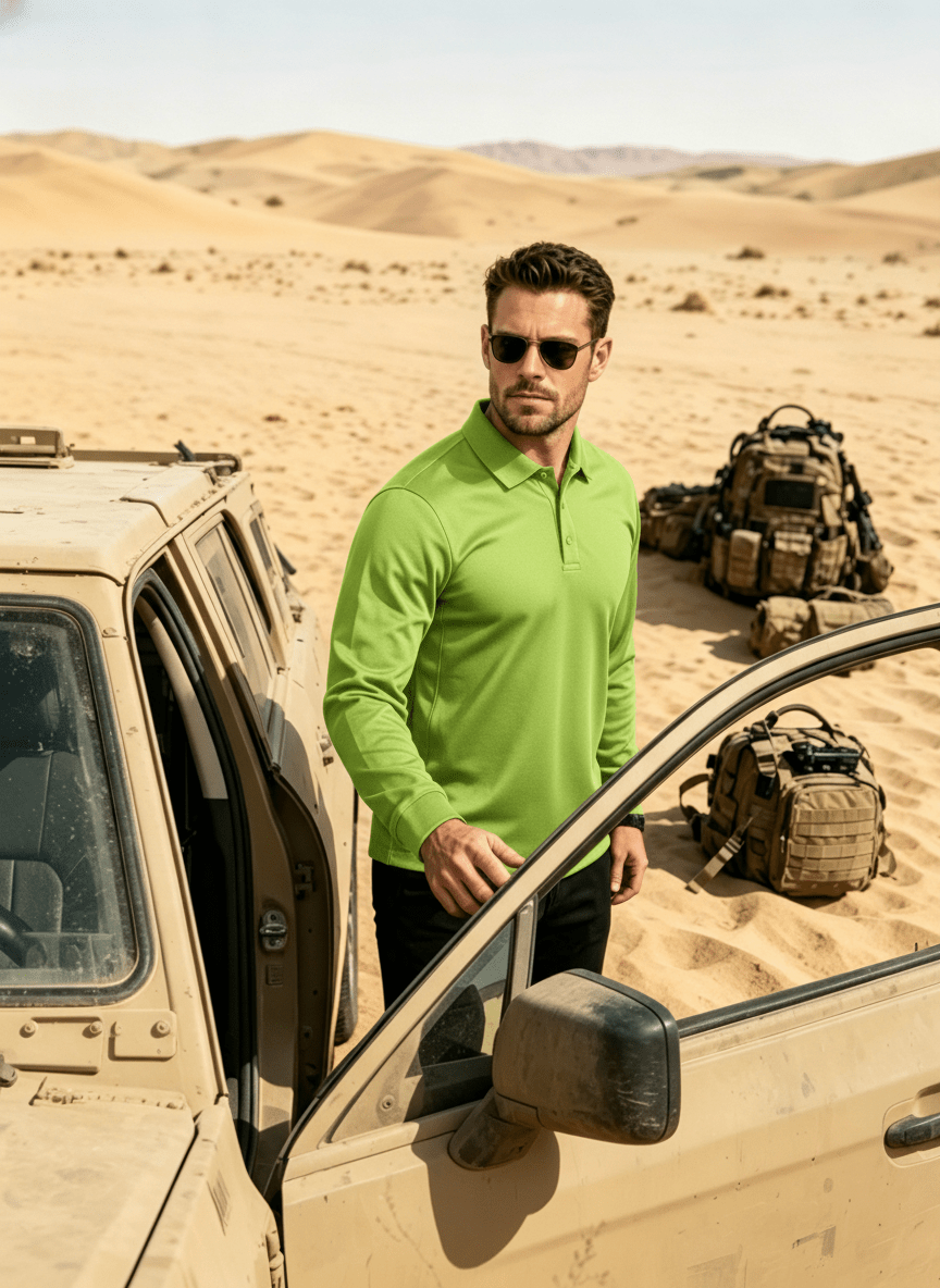 TACVASEN Yellow Green Long Sleeve Quick Dry Tactical Performance Polo Shirt