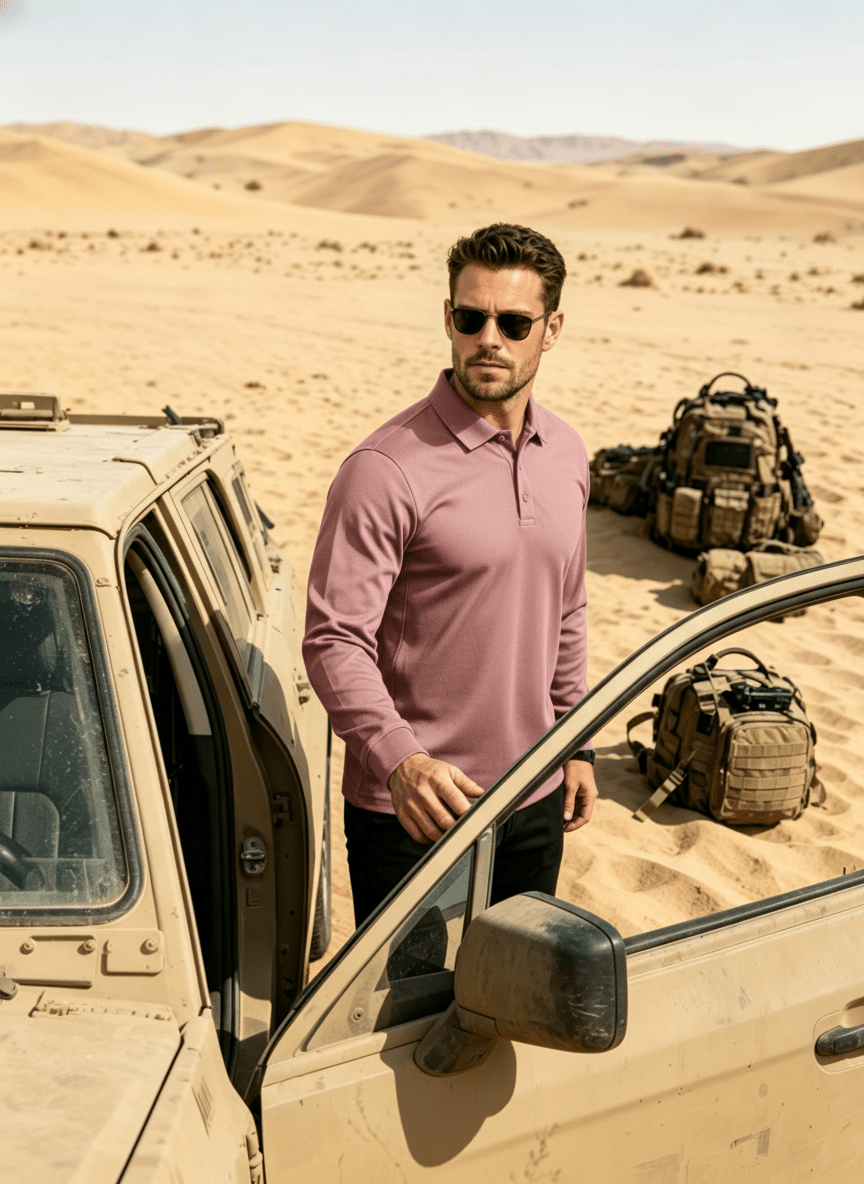 TACVASEN Greyish Pink Long Sleeve Quick Dry Tactical Performance Polo Shirt