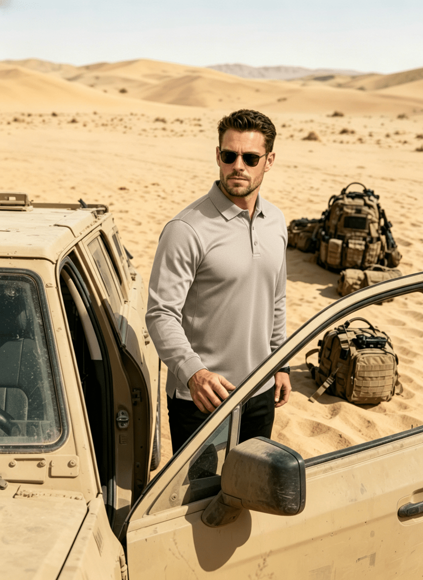 TACVASEN Khaki Long Sleeve Quick Dry Tactical Performance Polo Shirt