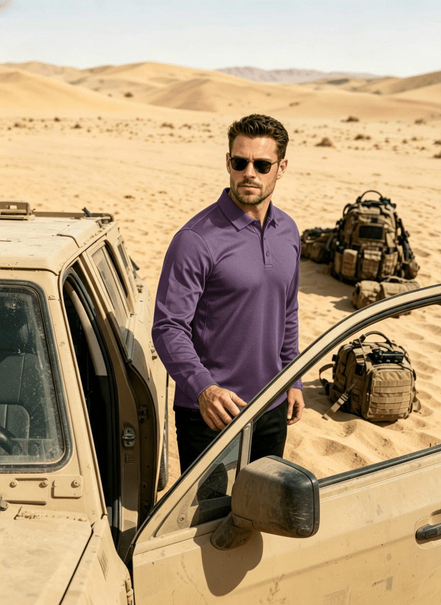 TACVASEN Light Purple Long Sleeve Quick Dry Tactical Performance Polo Shirt