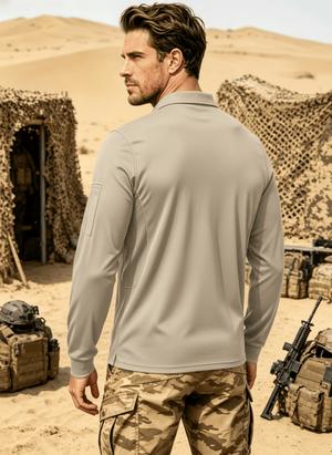 TACVASEN Khaki Long Sleeve Quick Dry Tactical Performance Polo Shirt