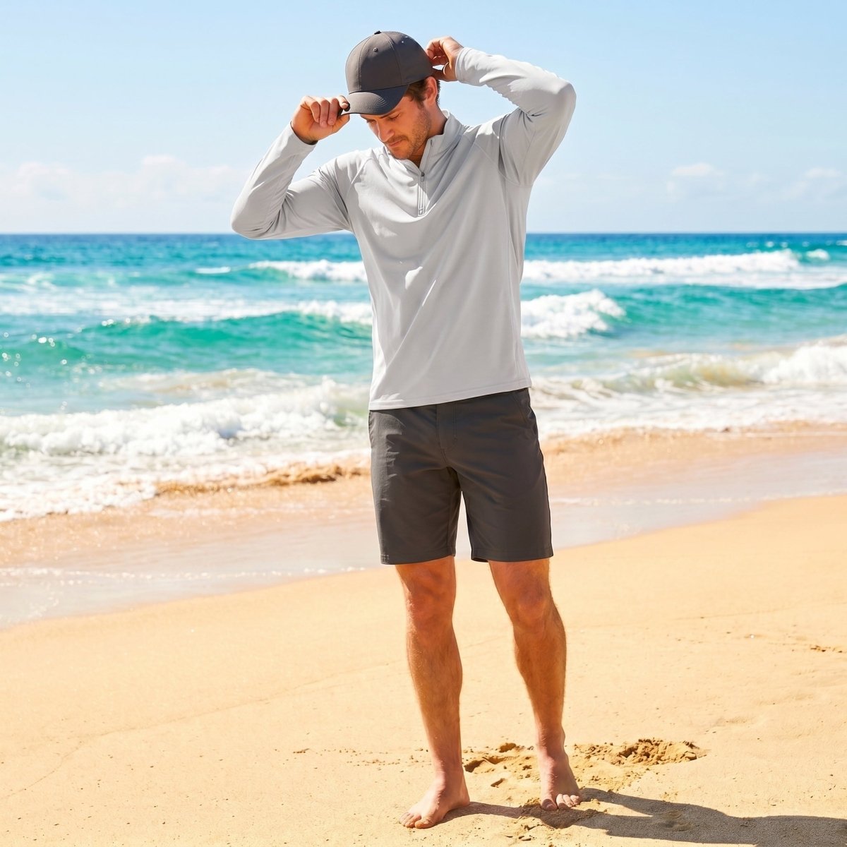 TACVASEN Light Grey Long Sleeve Sun Shirt UPF 50+ Zip Fishing Running Rashguard