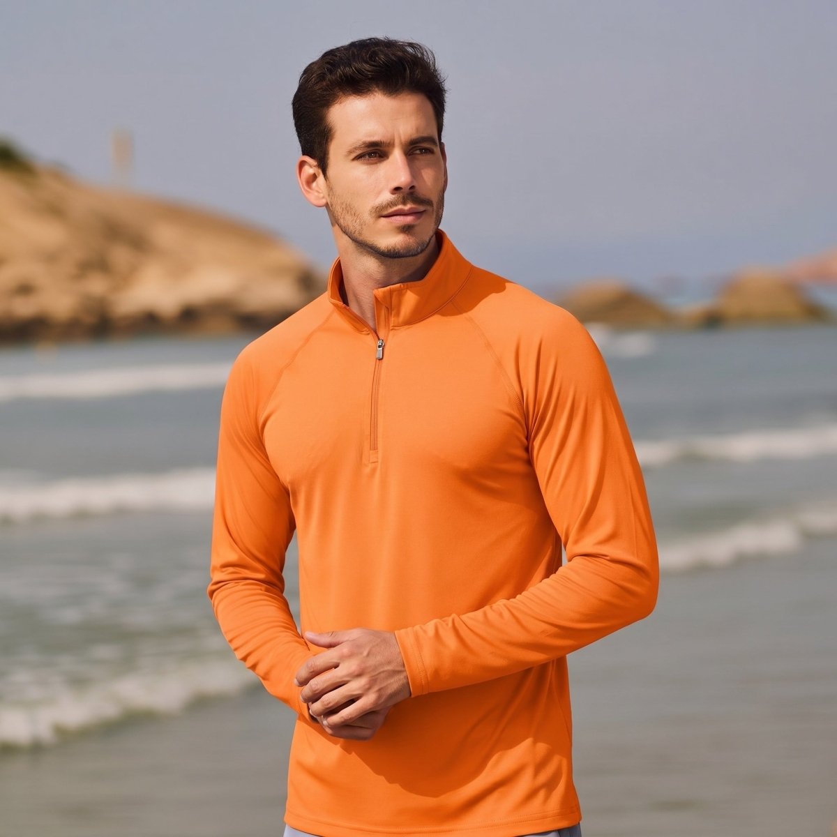 TACVASEN Orange Long Sleeve Sun Shirt UPF 50+ Zip Fishing Running Rashguard