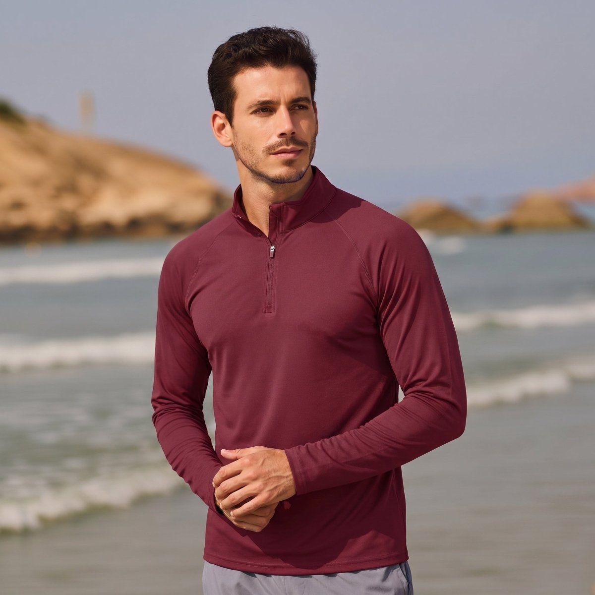 TACVASEN Wine Red Long Sleeve Sun Shirt UPF 50+ Zip Fishing Running Rashguard