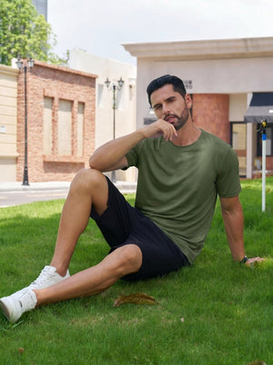 TACVASEN Army Green Men Plain Cotton Moisture Wicking Casual T-Shirts