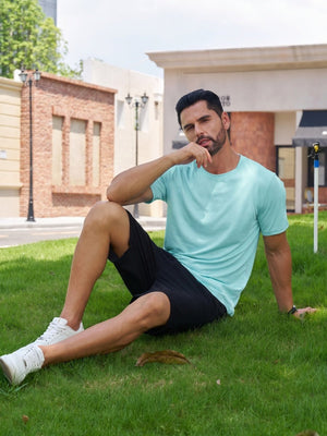 TACVASEN Light Lake Blue Men Plain Cotton Moisture Wicking Casual T-Shirts