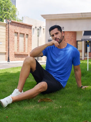 TACVASEN Bright Blue Men Plain Cotton Moisture Wicking Casual T-Shirts