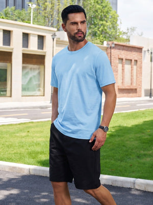 TACVASEN Waterfall Blue Men Plain Cotton Moisture Wicking Casual T-Shirts