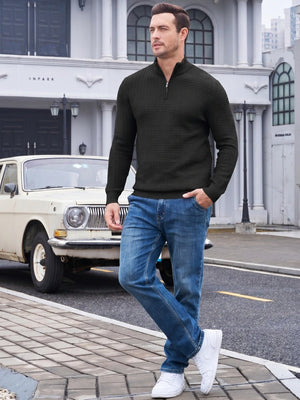 TACVASEN Black Men's 1/4 Zipper Pullover Knitted Textured Sweater