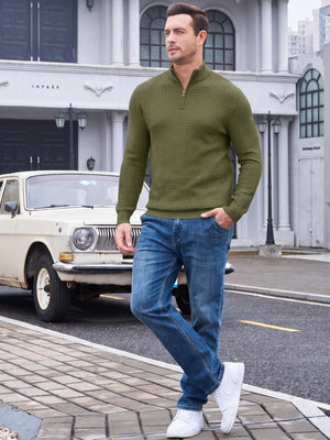TACVASEN Army Green Men's 1/4 Zipper Pullover Knitted Textured Sweater