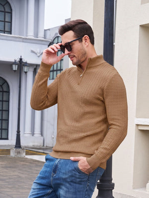 TACVASEN Coffee Men's 1/4 Zipper Pullover Knitted Textured Sweater
