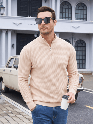 TACVASEN Apricot Men's 1/4 Zipper Pullover Knitted Textured Sweater