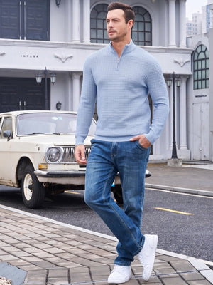 TACVASEN Light Blue Men's 1/4 Zipper Pullover Knitted Textured Sweater
