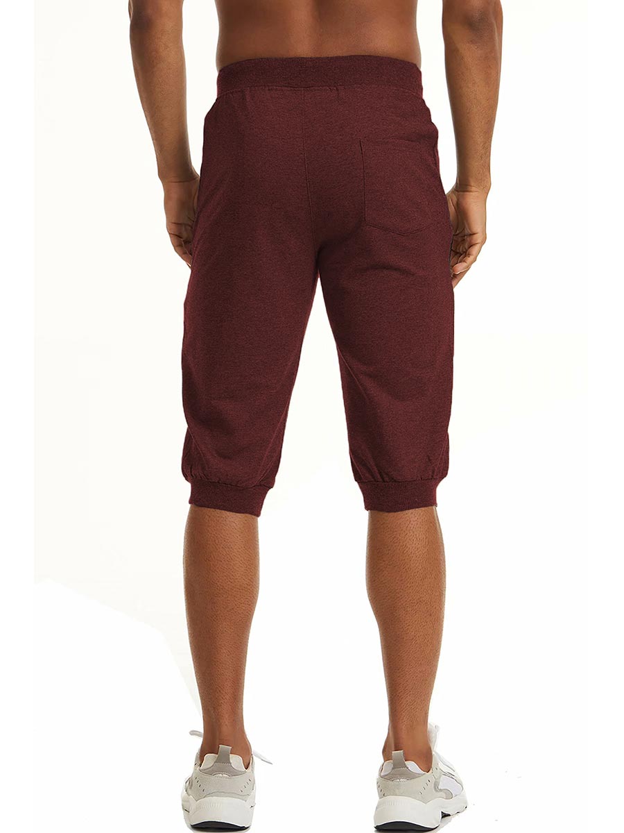 TACVASEN Wine Red Men's 3/4 Joggers Elastic Cotton Capri Pants