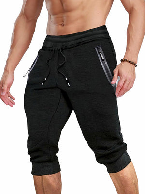 TACVASEN Black Men's 3/4 Joggers Elastic Cotton Capri Pants