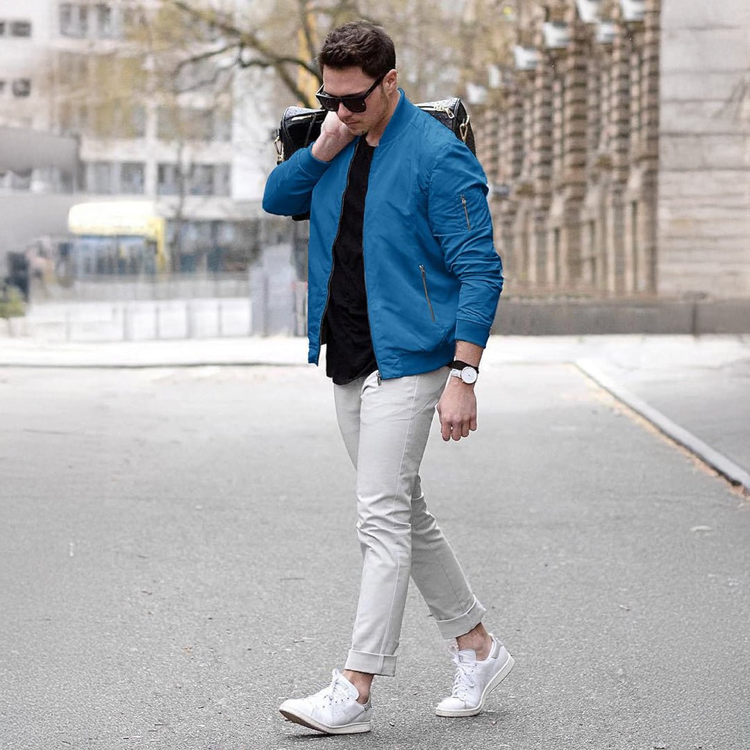 TACVASEN Blue Green Vintage Bomber Flight Jacket Zip - Pocket