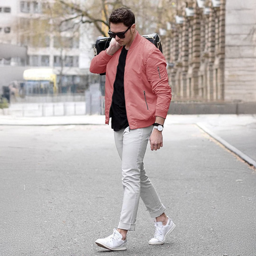 TACVASEN Grey Pink Vintage Bomber Flight Jacket Zip - Pocket