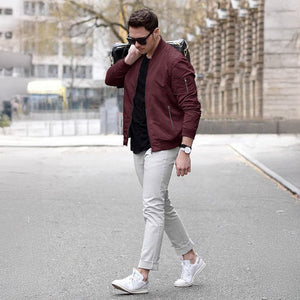 TACVASEN Wine Red Vintage Bomber Flight Jacket Zip - Pocket