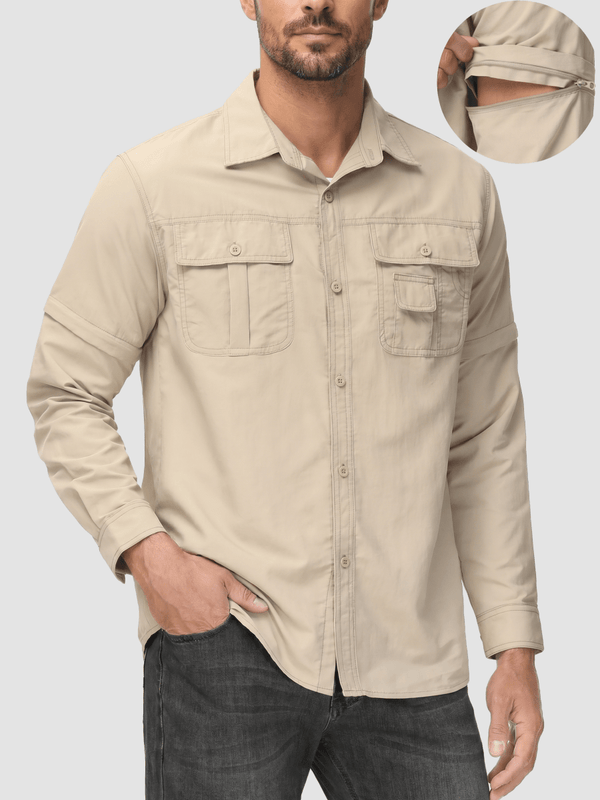 TACVASEN Khaki Men's Breathable Quick-Dry Convertible Outdoor Shirt