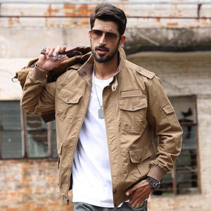 TACVASEN Khaki Men's Cargo Jackets Military Jackets with Multi Pockets