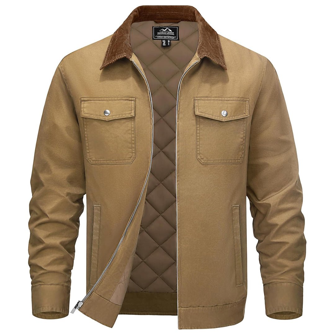 TACVASEN Khaki Men's Casual Corduroy Collar 5 Pockets Cotton Cargo Jackets