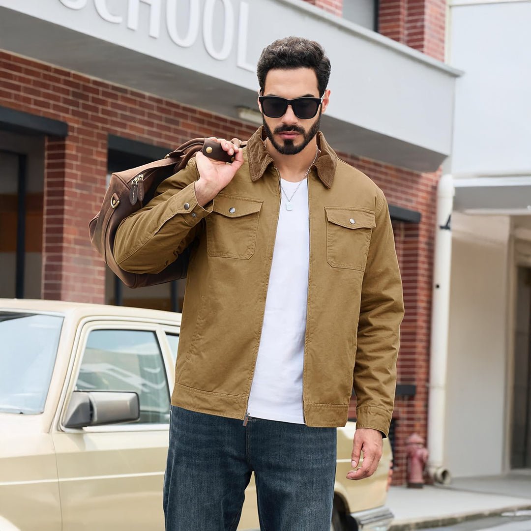 TACVASEN Khaki Men's Casual Corduroy Collar 5 Pockets Cotton Cargo Jackets