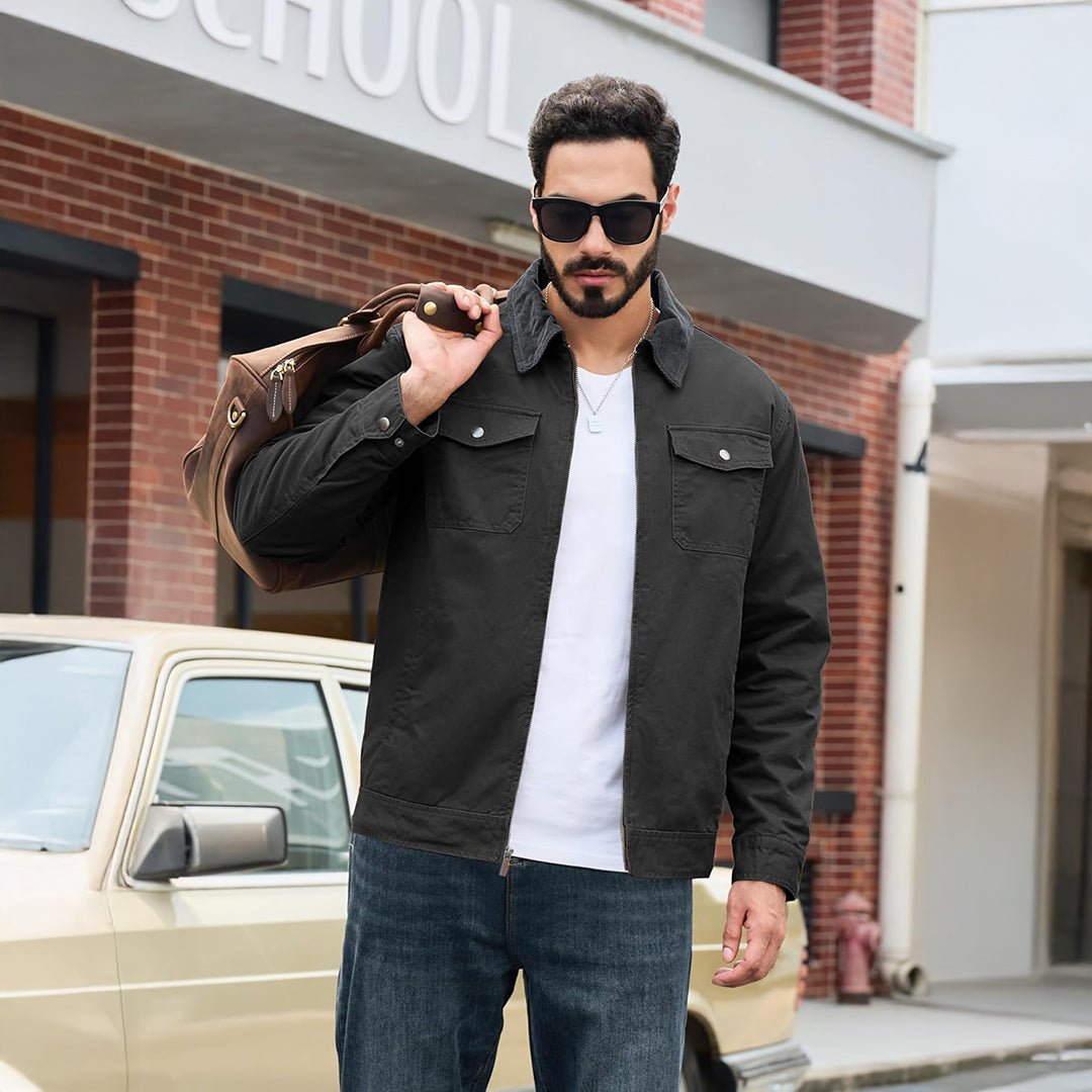 TACVASEN Dark Grey Men's Casual Corduroy Collar 5 Pockets Cotton Cargo Jackets
