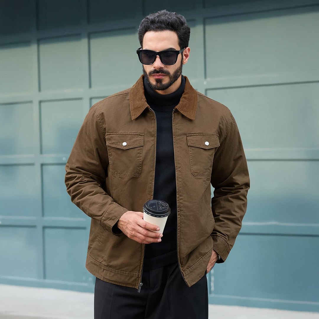 TACVASEN Dark Brown Men's Casual Corduroy Collar 5 Pockets Cotton Cargo Jackets
