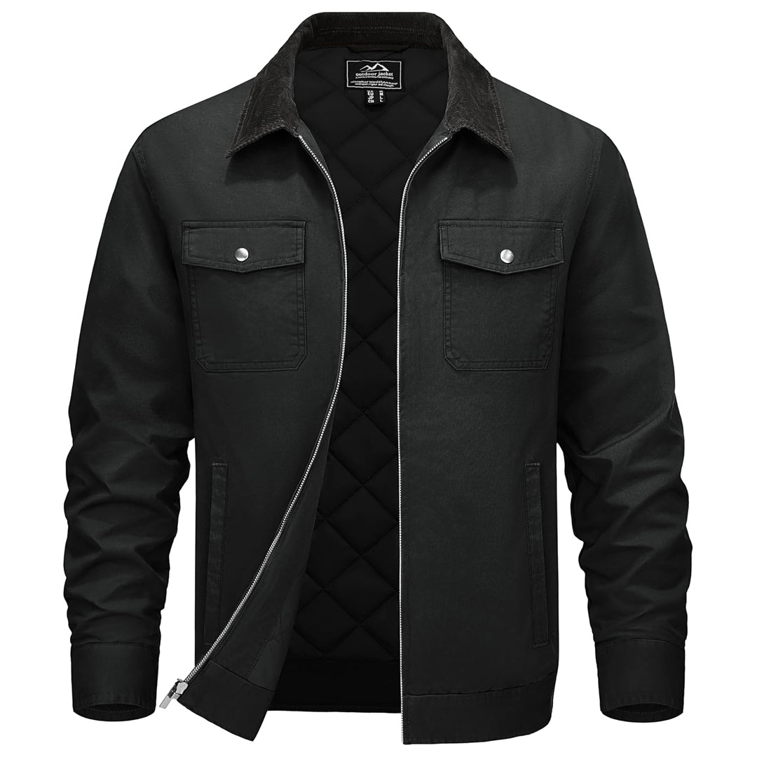 TACVASEN Black Men's Casual Corduroy Collar 5 Pockets Cotton Cargo Jackets