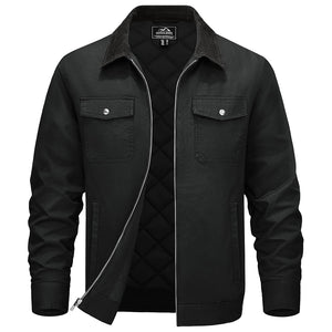 TACVASEN Black Men's Casual Corduroy Collar 5 Pockets Cotton Cargo Jackets
