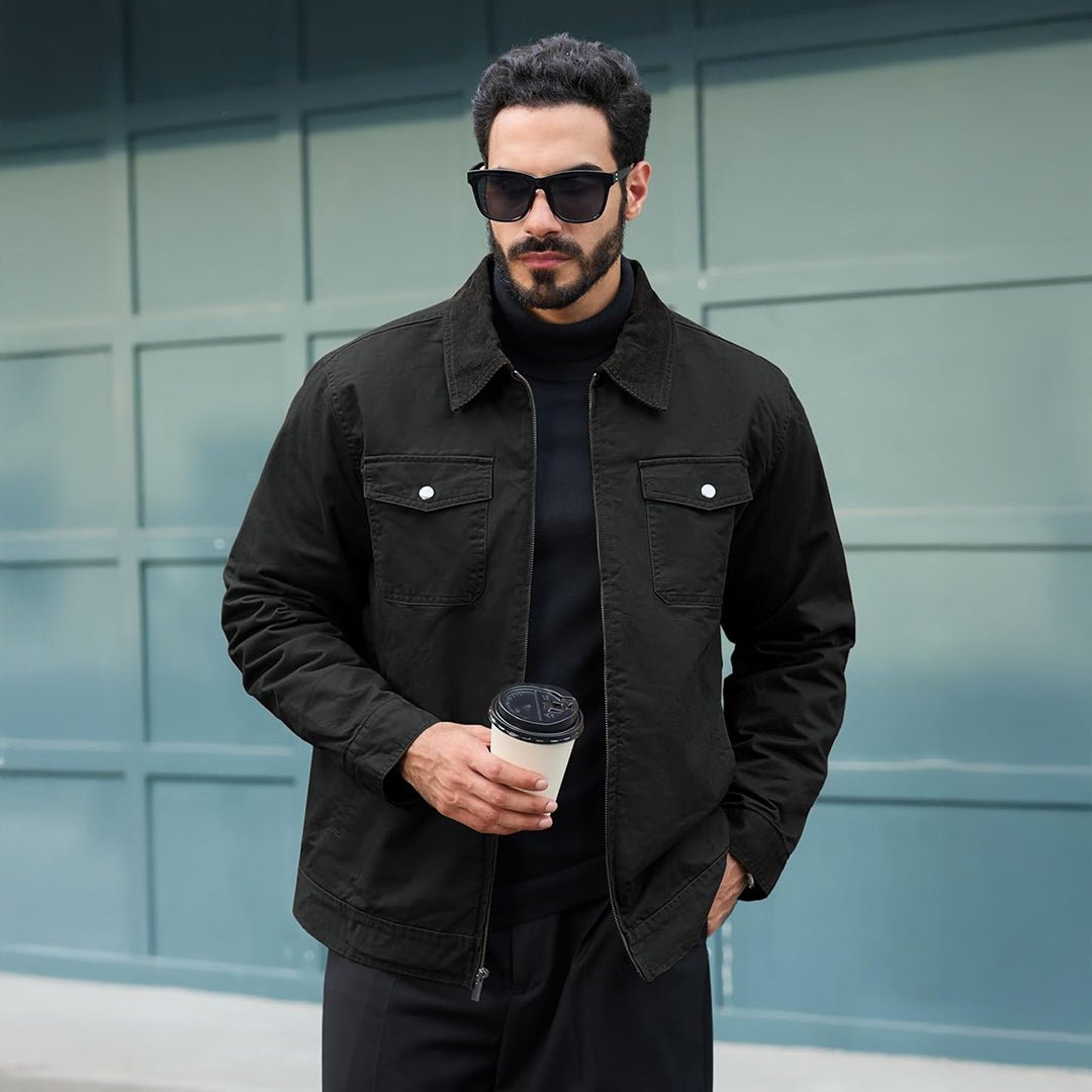 TACVASEN Black Men's Casual Corduroy Collar 5 Pockets Cotton Cargo Jackets